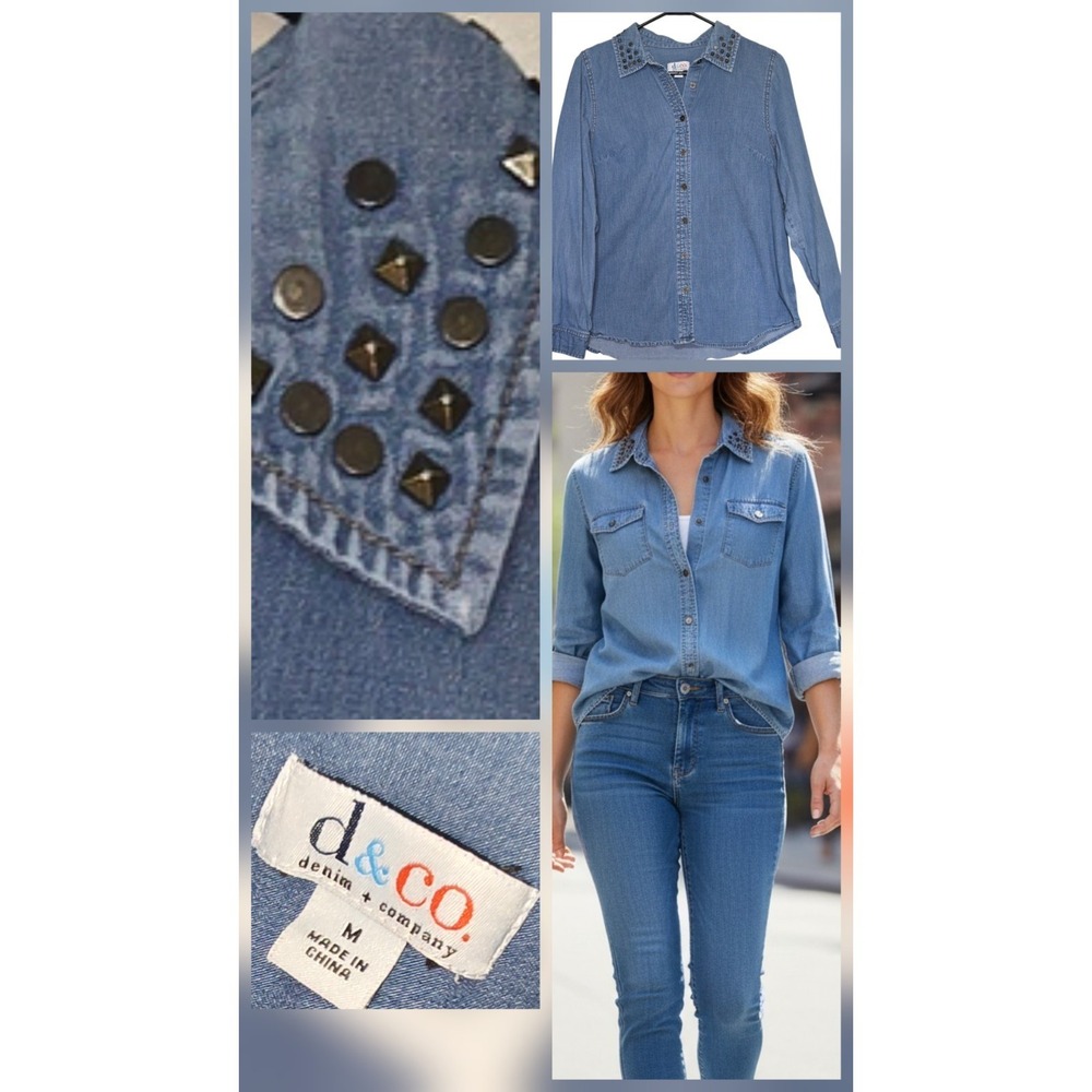 D &Co.Denim Co. Shirt Jean Top Button Down Collar Rhinestone Size Med Streampunk